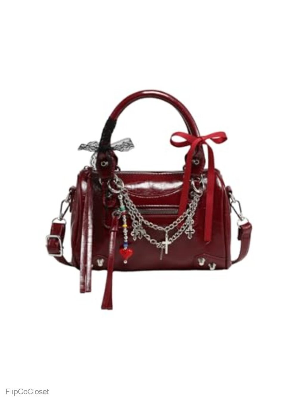 Y2K Bowknot Beaded Chain Crossbody Handbag Faux Leather Purse